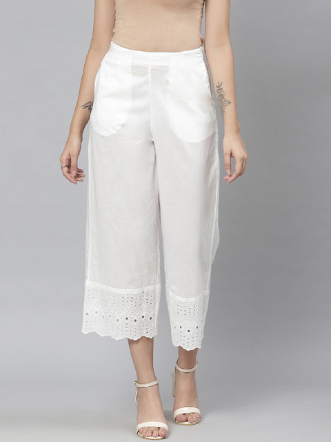 

Rangriti Women White Solid Wide Leg Palazzos