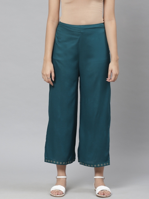 

Rangriti Women Teal Blue Printed Hem Design Straight Palazzos