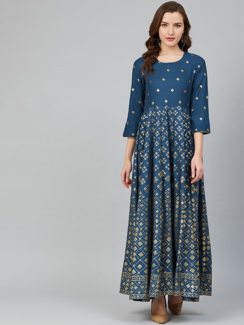 

Rangriti Women Navy Blue & Golden Ethnic Print Maxi Dress