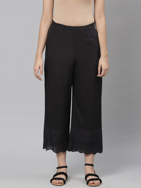 

Rangriti Women Black Schiffli Hem Design Straight Palazzos