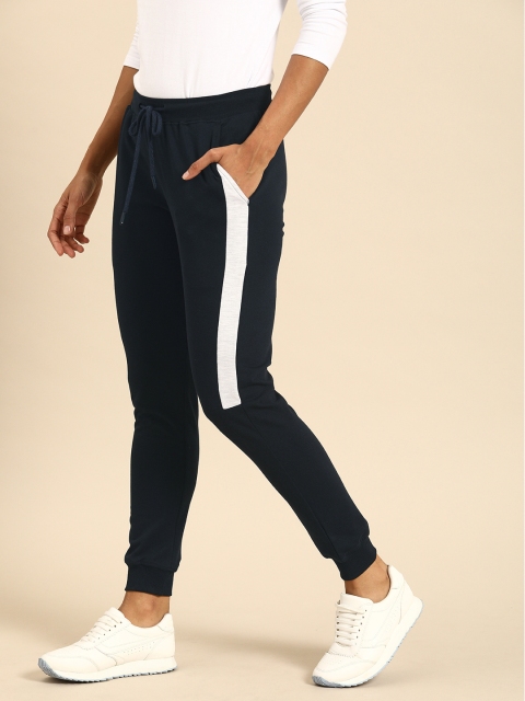 

ether Women Navy Blue Straight-Fit Solid Joggers with Side Stripe Detail