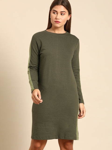 

ether Women Olive Green Solid Pure Cotton T-shirt Dress with Side Taping Detail