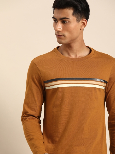 

ether Men Brown Striped Round Neck T-shirt