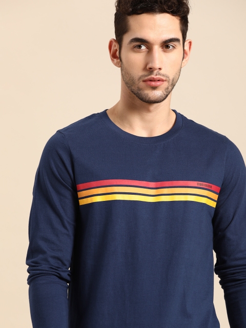 

ether Men Navy Blue Striped Round Neck Pure Cotton T-shirt
