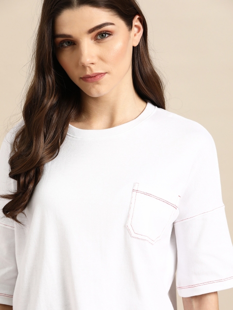 

ether Women White Solid Pocket Detailing Boxy Round Neck T-shirt