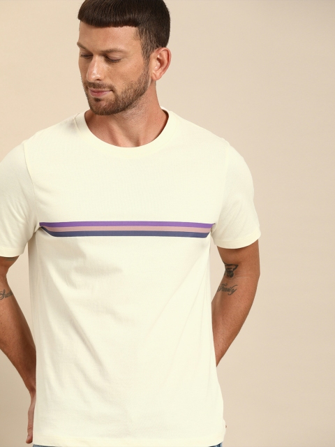 

ether Men Off-White Striped Round Neck T-shirt