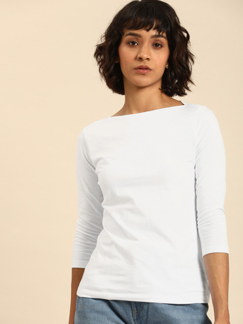 

ether Women White Solid Round Neck T-shirt