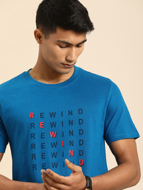 

ether Men Blue Printed Round Neck T-shirt