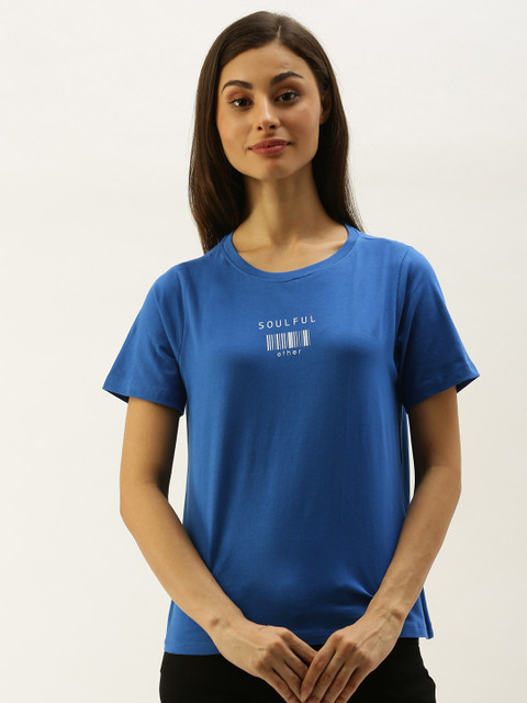 

ether Women Blue Solid Round Neck T-shirt