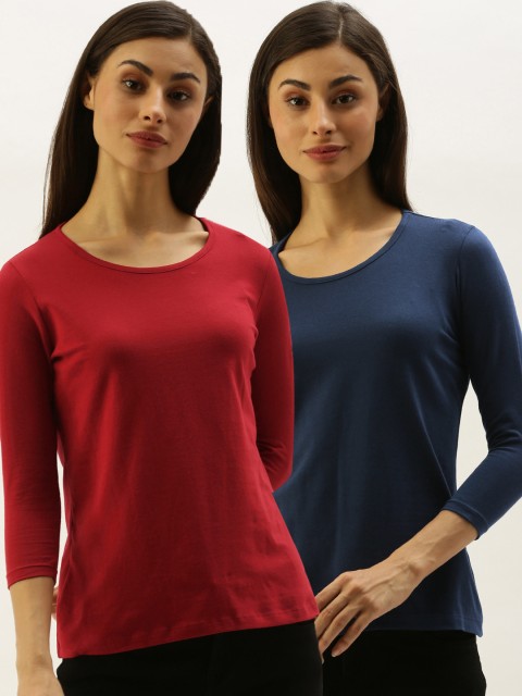 

ether Women Pack of 2 Maroon & Navy Blue Solid Round Neck T-shirt
