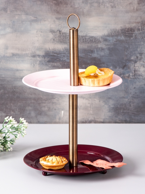 

nestroots Set of 2 Pink & Maroon Solid Two Tier Stainless Steel Dessert Stand