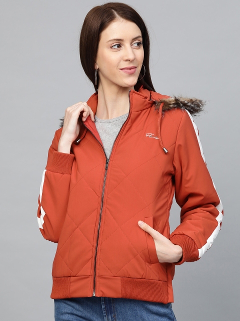 

Fort Collins Women Rust Orange Solid Hooded Parka Jacket with Side Stripe Detail