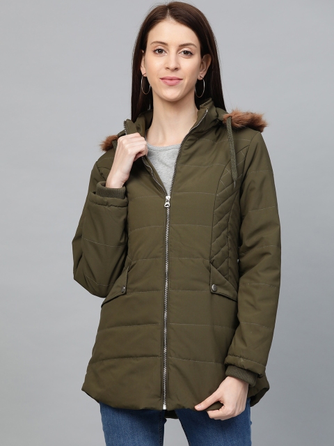 

Fort Collins Women Olive Green Solid Hooded Longline Parka Jacket