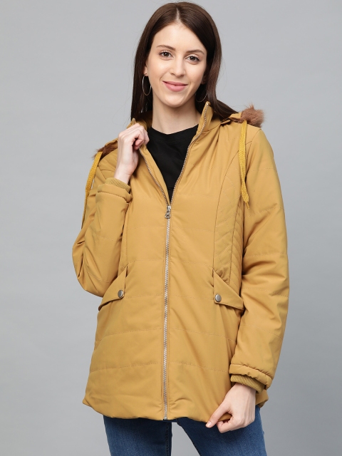 

Fort Collins Women Mustard Yellow Solid Hooded Longline Parka Jacket