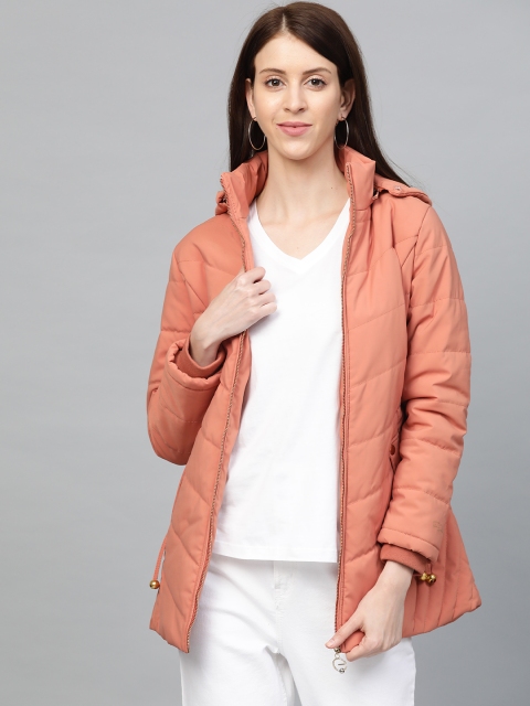 

Fort Collins Women Peach-Coloured Solid Hooded Longline Parka Jacket