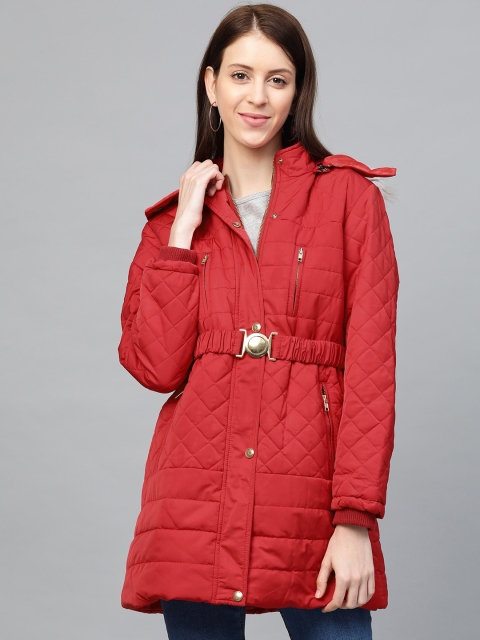 

Fort Collins Women Peach-Coloured Quilted Detail Hooded Longline Parka Jacket with Belt, Red