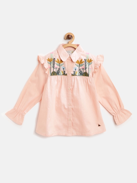 

Cherry Crumble Girls Peach-Coloured Embroidered Shirt Style Pure Cotton Top