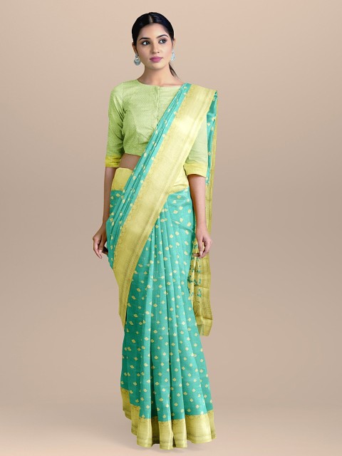 

BharatSthali Turquoise Blue & Yellow Silk Cotton Woven Design Tissue Banarasi Saree