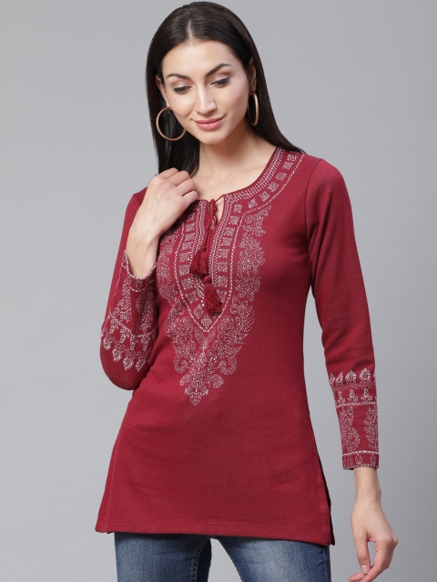 

Biba Women Maroon & White Yoke Design Straight Kurti