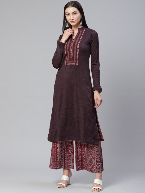 

Biba Women Purple & Off-White Embroidered Yoke Design Winter Kurta Set