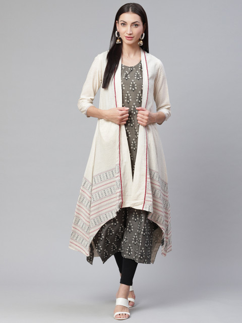 

Biba Women Off-White & Charcoal Grey Ethnic Motif Print Asymmetric A-Line Kurta With Shrug