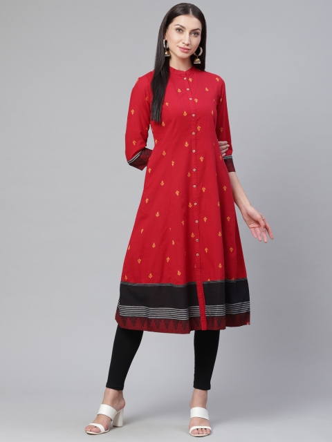 

Biba Women Red & Mustard Yellow Ethnic Motif Print A-Line Kurta