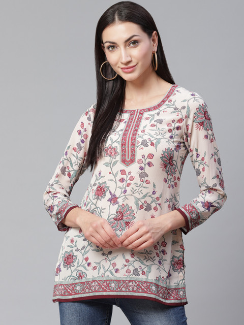 

Biba Women Off-White & Green Floral Print Straight Kurta