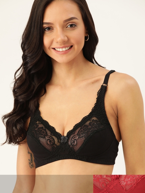 

DressBerry Pack of 2 Lace Non-Wired Non Padded Everyday Bra, Black