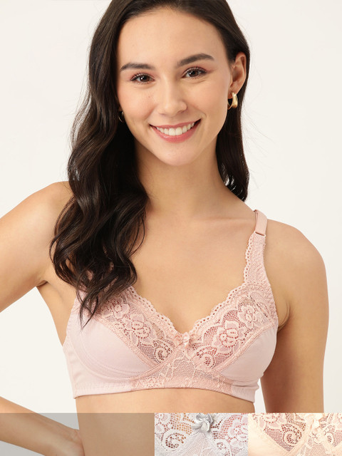 

DressBerry Pack of 3 Lace Non-Wired Non Padded Everyday Bra, Pink