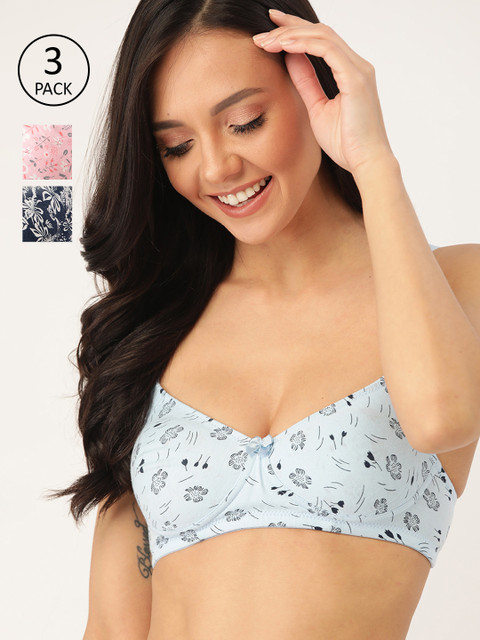 

DressBerry Pack of 3 Printed Non-Wired Non Padded Everyday Bra, Blue