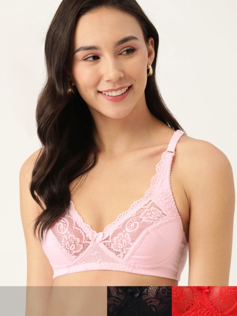 

DressBerry Pack of 3 Lace Non-Wired Non Padded Everyday Bras DB-BF-3PP-001, Pink