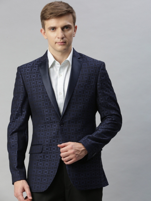 

Park Avenue Men Navy Blue Checked Super Slim Fit Single-Breasted Formal Blazer