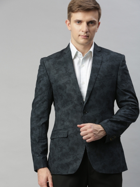 

Park Avenue Men Grey and Black Floral Printed Slim Fit Single-Breasted Formal Blazer