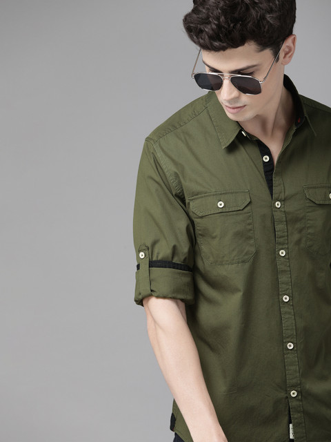 

Roadster Men Antiviral & Antibacterial protection Olive Green Regular Fit Solid Casual Shirt