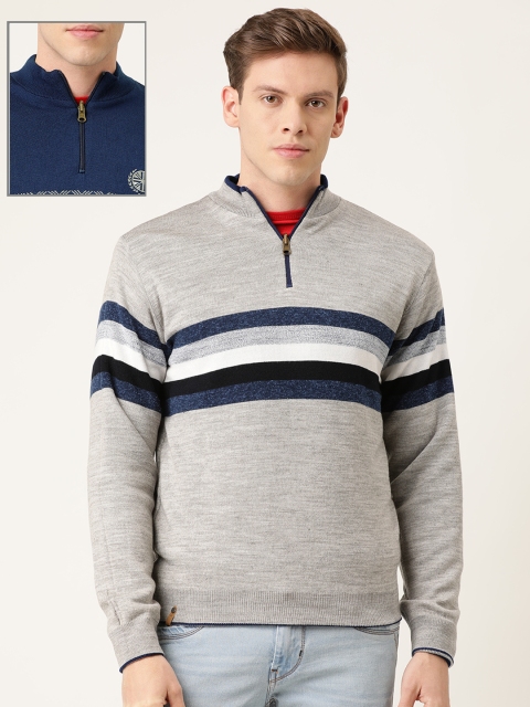 

Peter England Casuals Men Grey & Blue Striped Reversible Pullover Acrylic Sweater