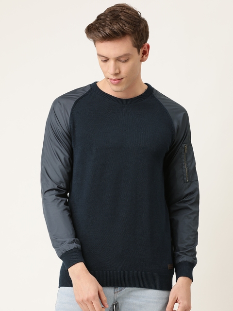 

Peter England Casuals Men Navy Blue Solid Pullover Sweater With Zip Detail