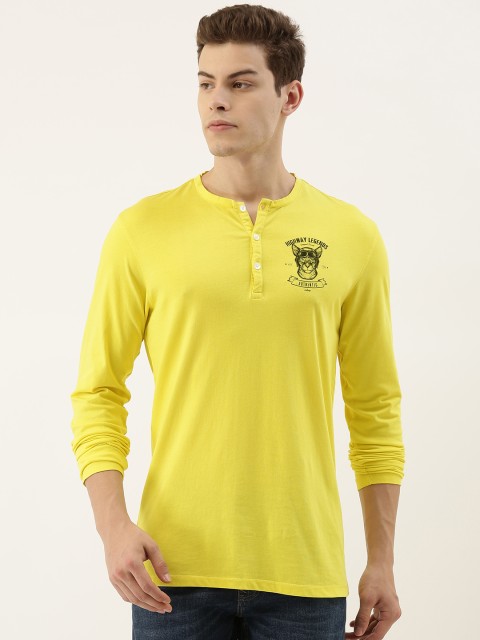 

Peter England Men Yellow Solid Henley Neck T-shirt with Print Detail