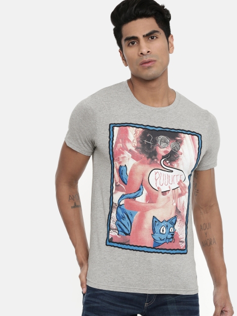 

Jack & Jones Men Grey Melange Printed Round Neck T-shirt