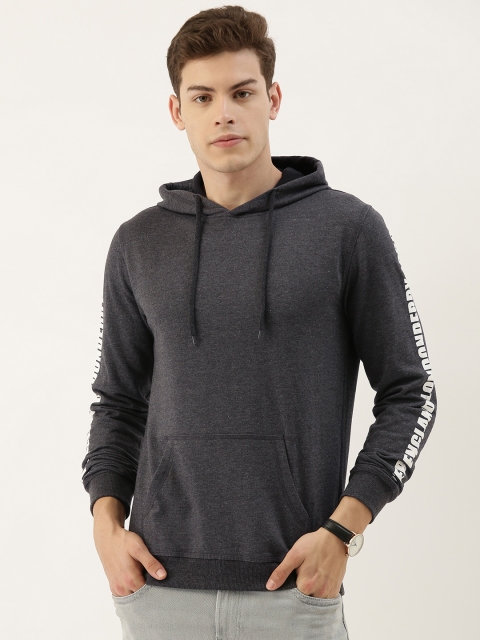 

Peter England Men Charcoal Grey Solid Hooded Sweatshirt With Printed Detailing on Sleeves