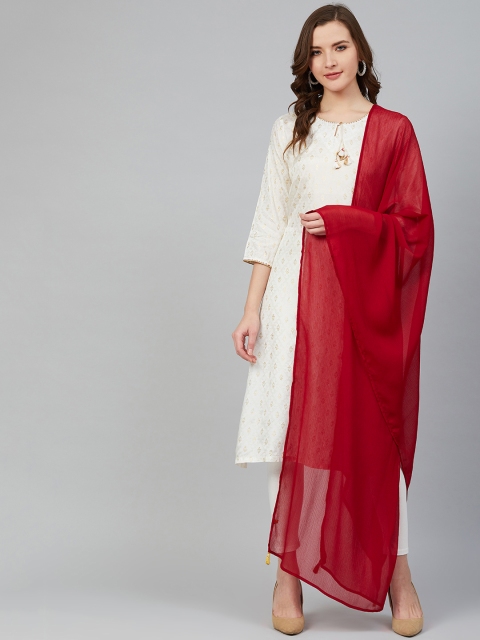 

Rangriti Women Off-White & Gold-Toned Printed Kurta with Churidar & Dupatta