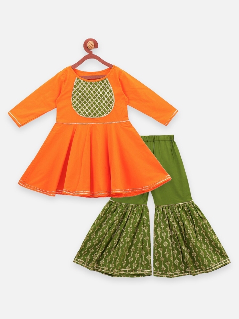 

LilPicks Girls Orange & Green Yoke Design Kurta with Sharara