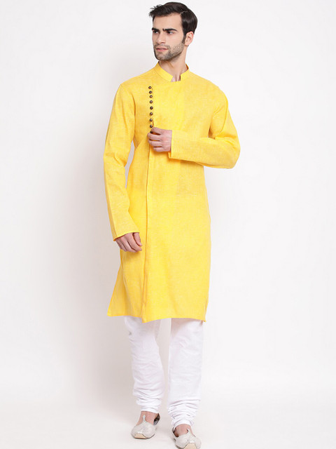 

VASTRAMAY Men Yellow & White Solid Kurta with Pyjamas