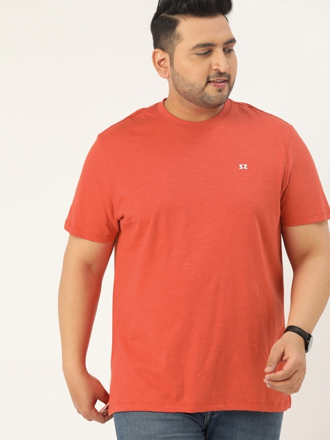 

Sztori Men Plus Size Coral Red Solid Pure Cotton Round Neck T-shirt
