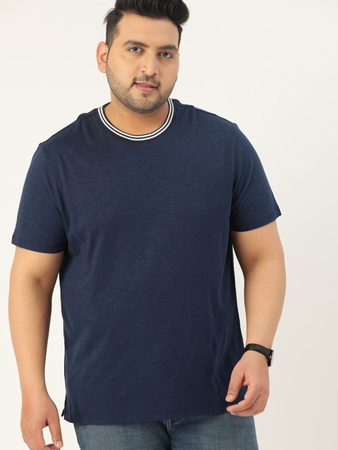 

Sztori Men Plus Size Navy Blue Solid Pure Cotton Round Neck T-shirt