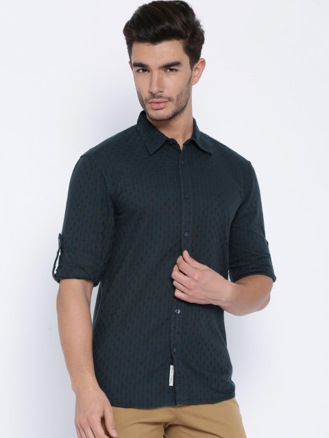 

Slub Navy & Brown Checked Casual Shirt, Navy blue