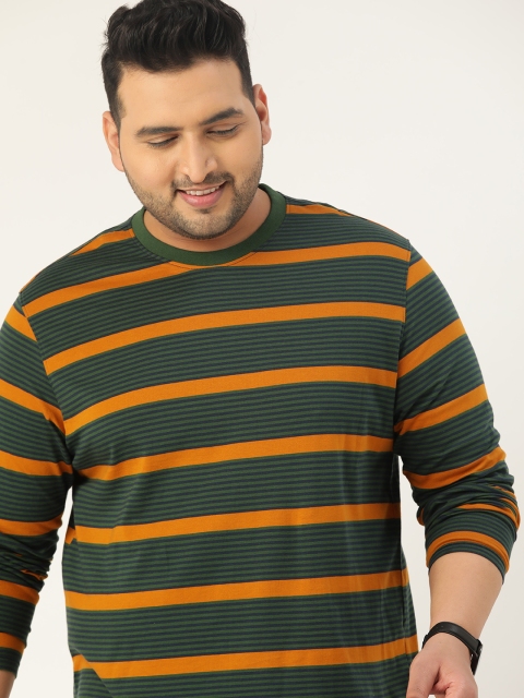 

Sztori Men Plus Size Green & Mustard Yellow Pure Cotton Striped Round Neck T-shirt
