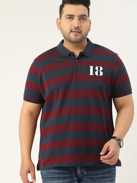 

Sztori Men Plus Size Maroon & Navy Blue Striped Pure Cotton Polo Collar T-shirt