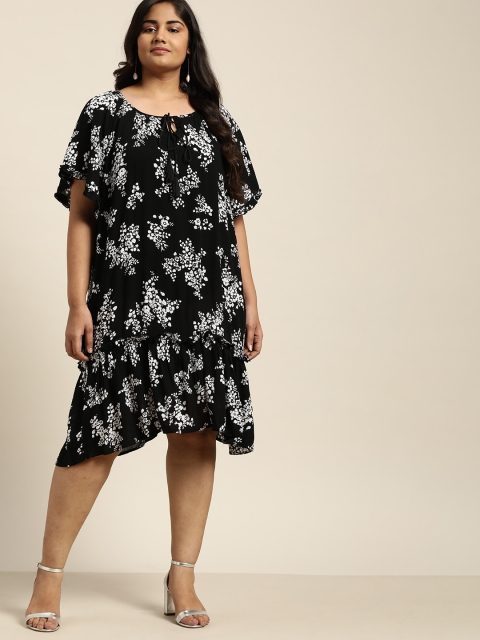

Sztori Women Black & White Floral Print Plus Size Drop-Waist Dress