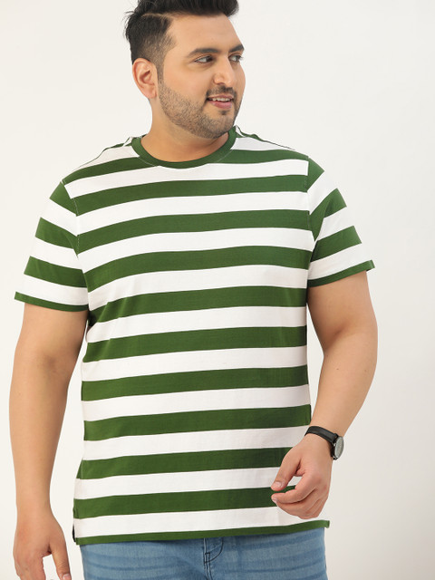 

Sztori Men Plus Size White & Green Striped Pure Cotton Round Neck T-shirt