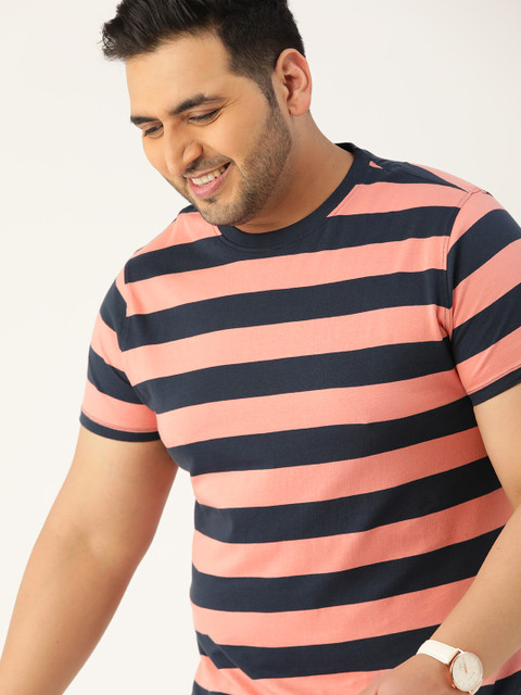 

Sztori Men Plus Size Navy Blue & Peach-Coloured Pure Cotton Striped Round Neck T-shirt